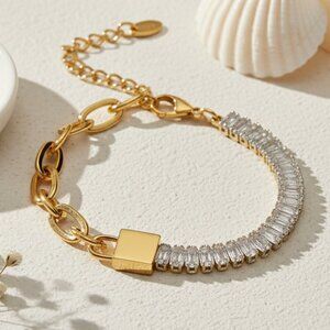 18K Gold Plated Bracelet With Sparkling Zirconia Baguettes & Padlock Design